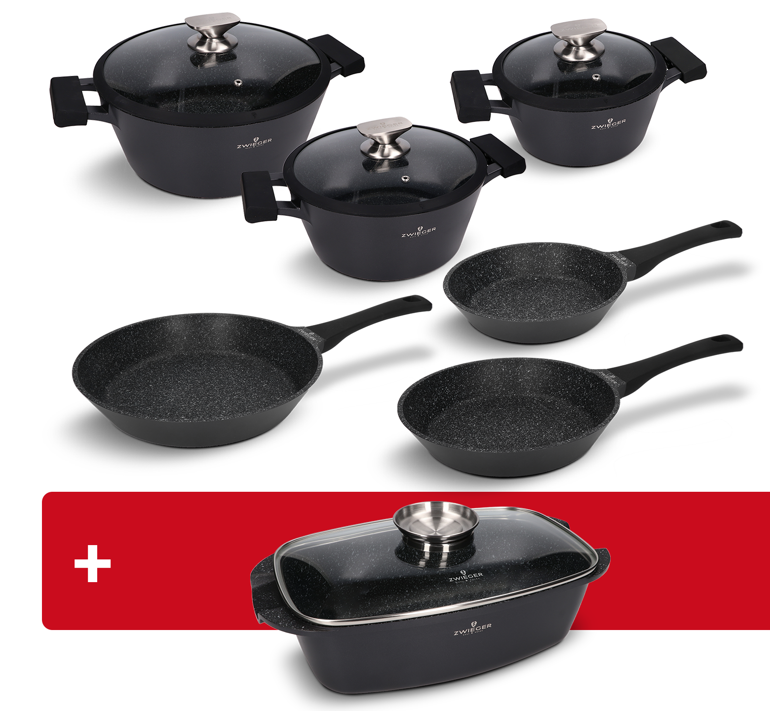 Zestaw garnków, patelni 9 el. Black Stone Zwieger + brytfanna Black Stone Zwieger