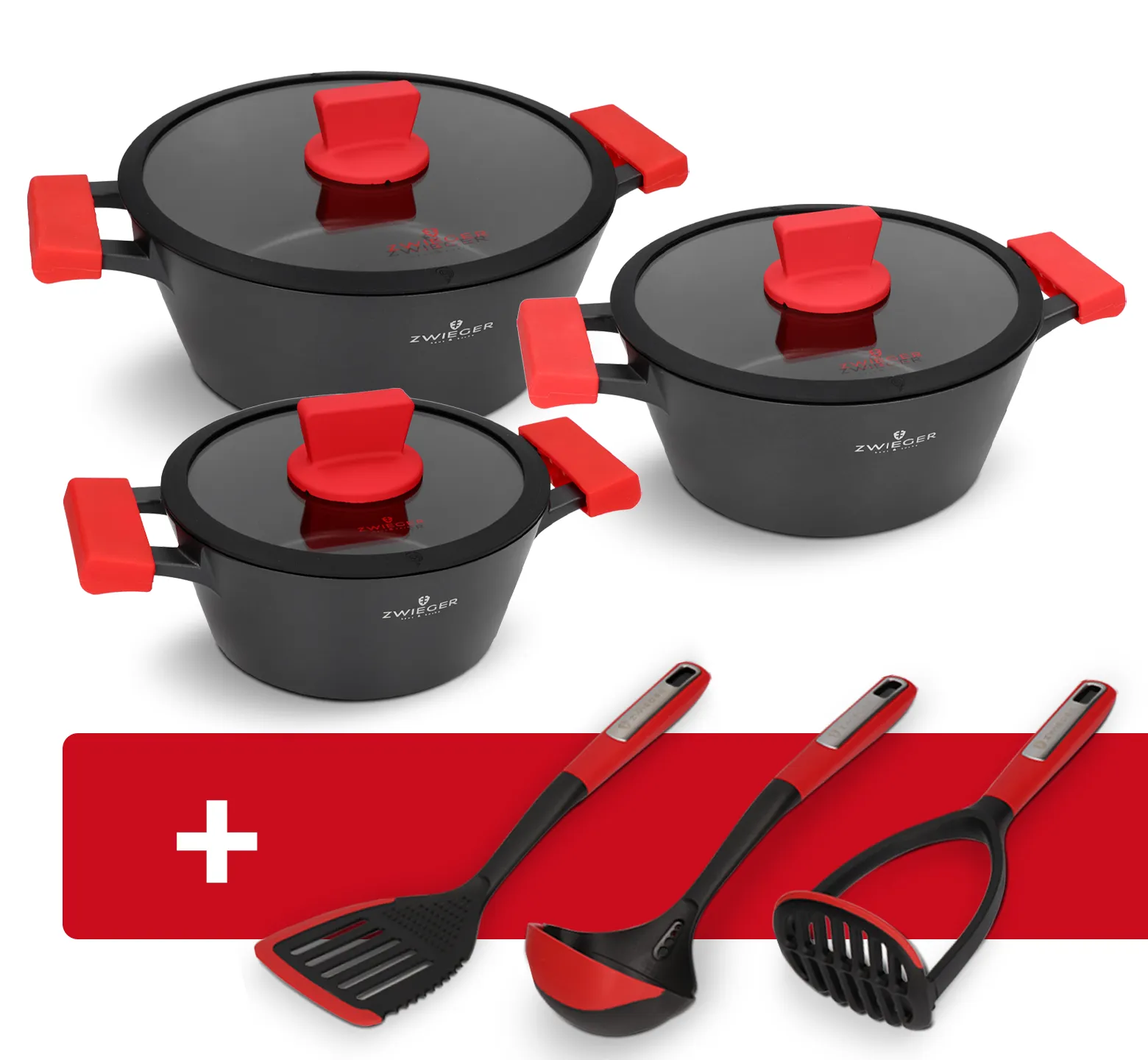 Zestaw garnków 6 el. Obsidian Zwieger + Łopatka, Chochla i Tłuczek Obsidian