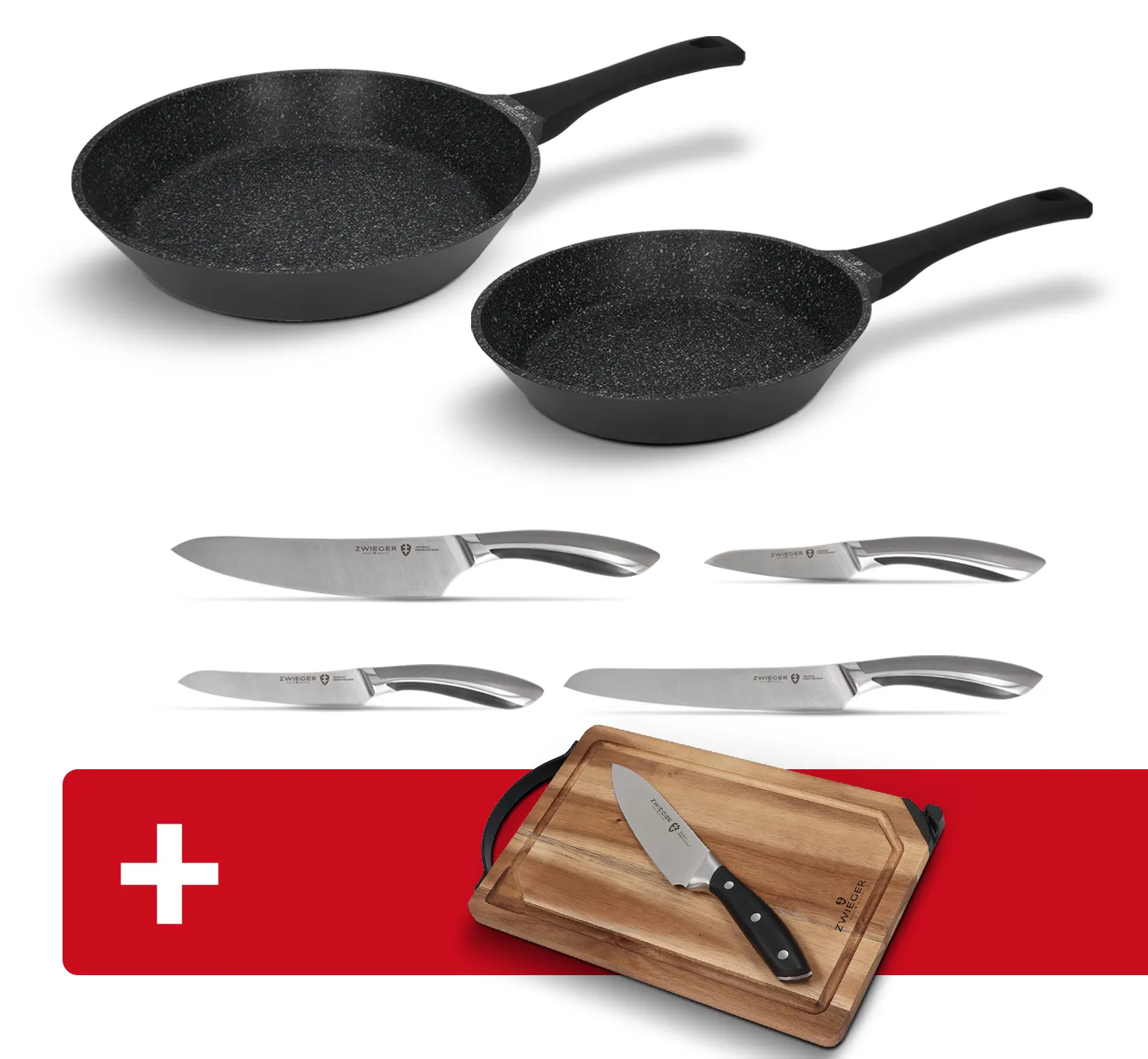 Zestaw patelni i noży 6 el. Black Stone Zwieger + deska z nożem i ostrzałką Optima