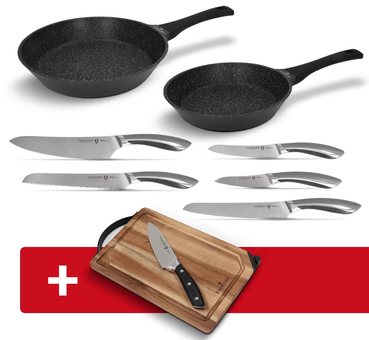 Zestaw patelni i noży 7 el. Black Stone + deska z nożem i ostrzałką Optima