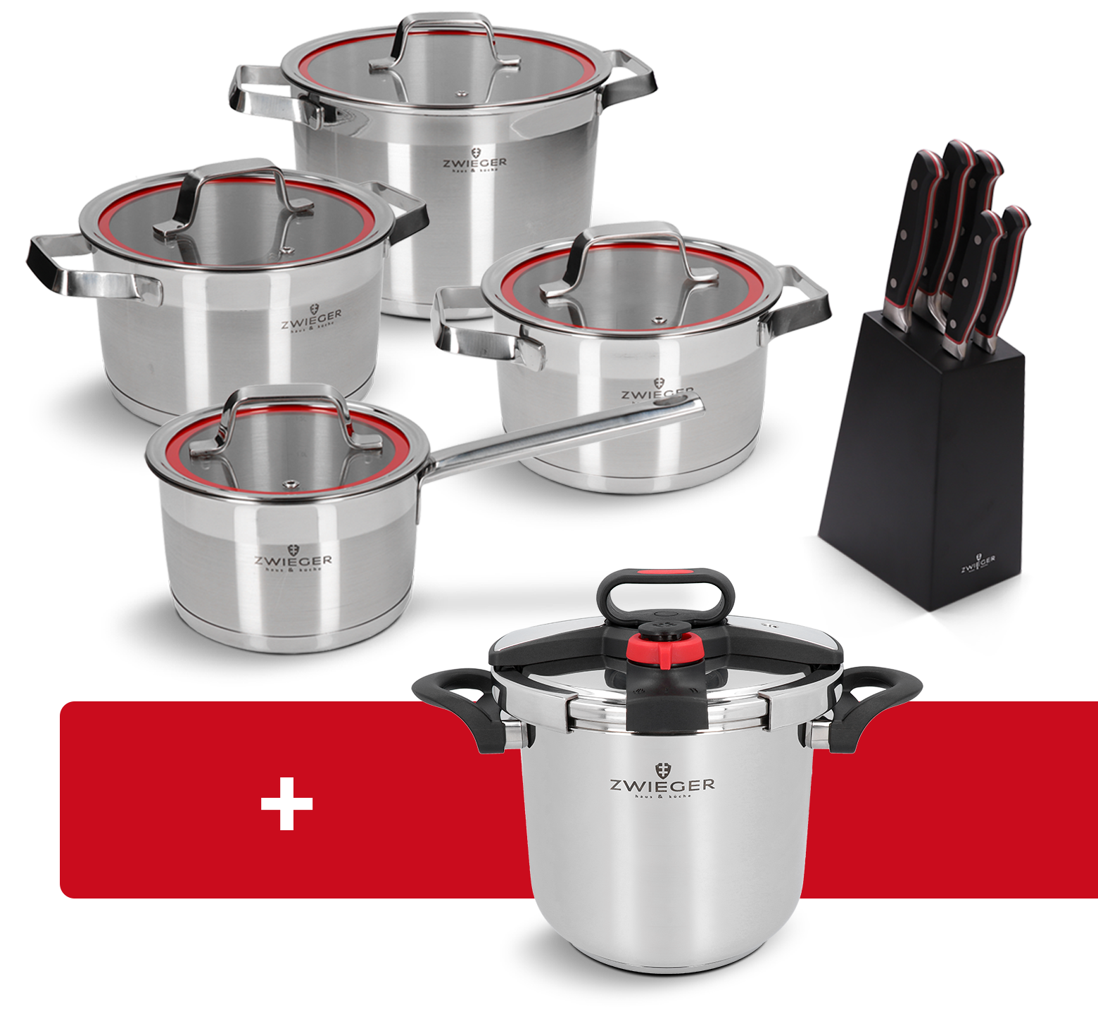 Zestaw garnków i bloku z nożami 14 el. Klassiker + Garnek ciśnieniowy Klassiker Zwieger