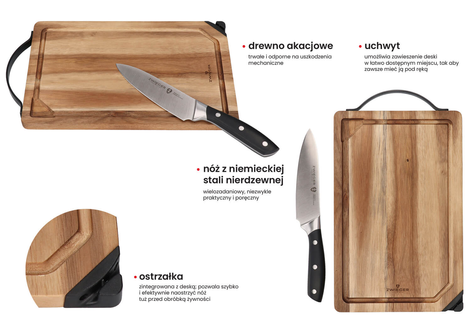 Zestaw garnków 6 el. Kompact PRO Zwieger + deska z nożem i ostrzałką Optima