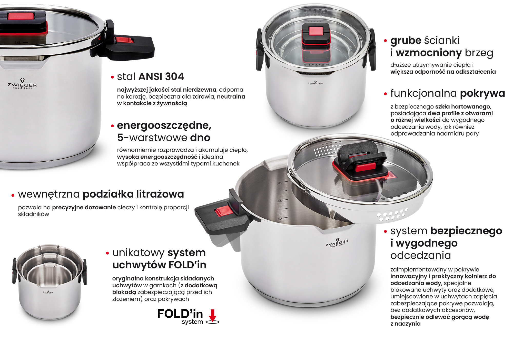 Zestaw garnków 6 el. Kompact PRO Zwieger + deska z nożem i ostrzałką Optima