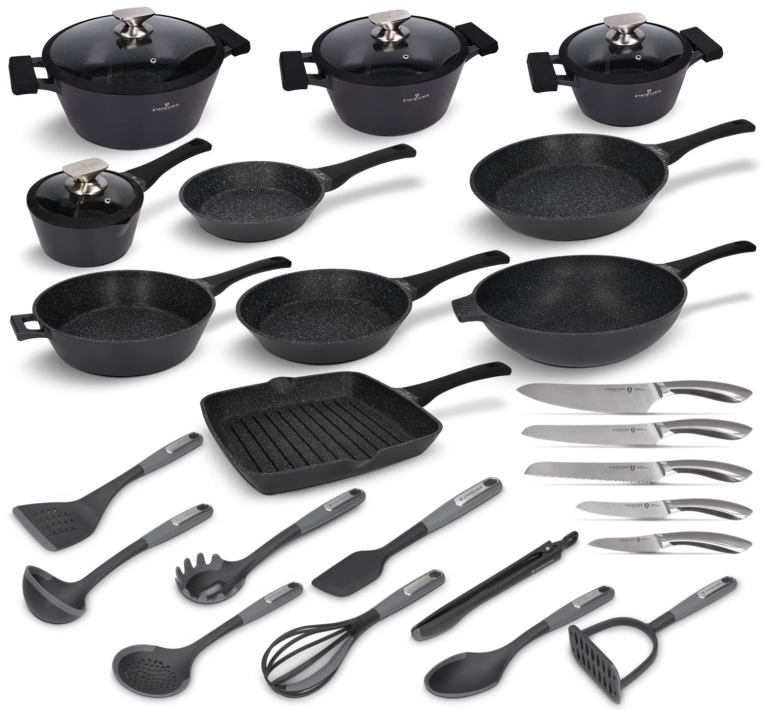 Zestaw garnków, patelni, noży i akcesoriów 28 el. Black Stone Zwieger