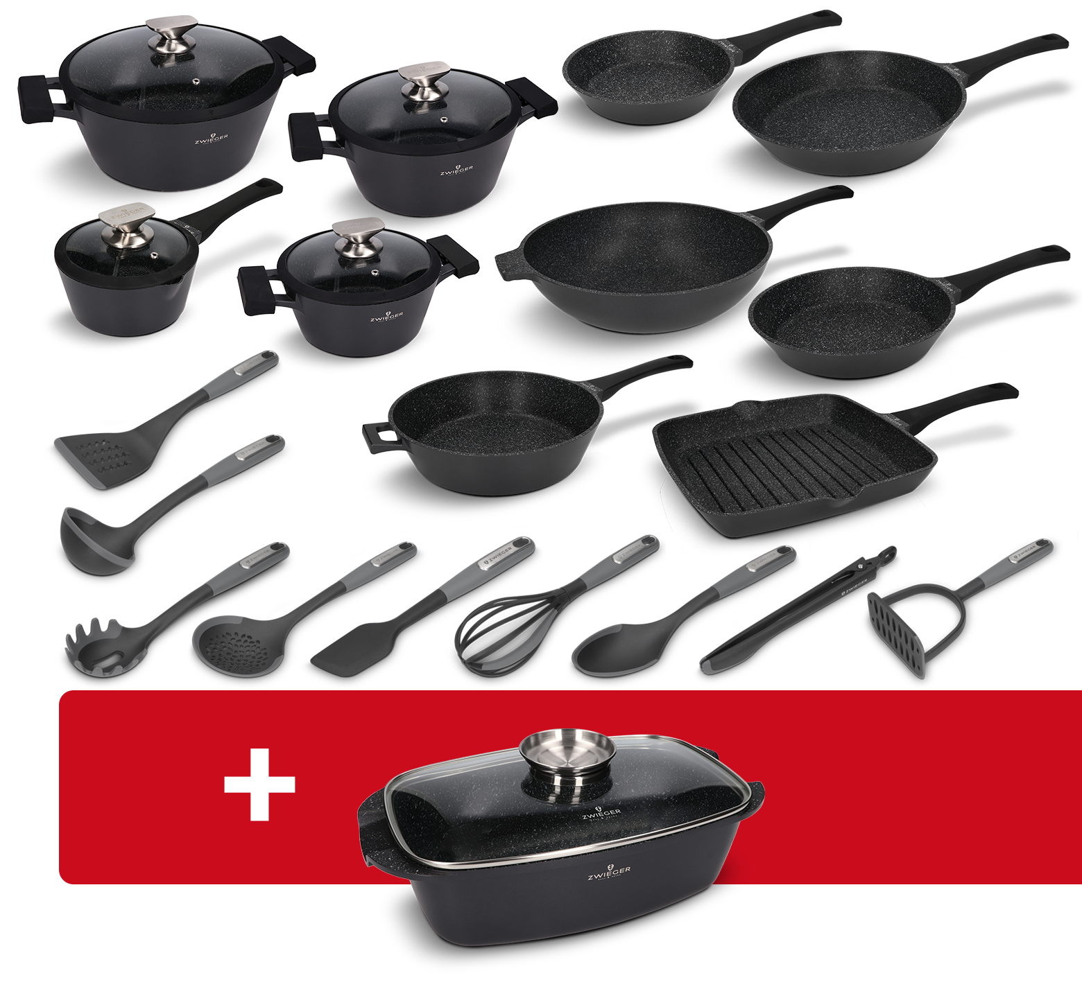 Zestaw garnków, patelni i akcesoriów 23 el. Black Stone Zwieger + brytfanna Black Stone